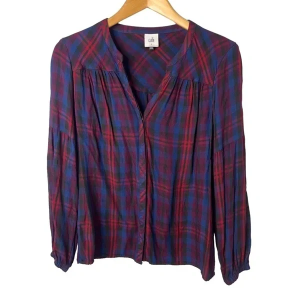 CAbi Caroling Joyful Plaid Blouse Button Down Blue Red Size Small Style 4070 - Picture 2 of 6